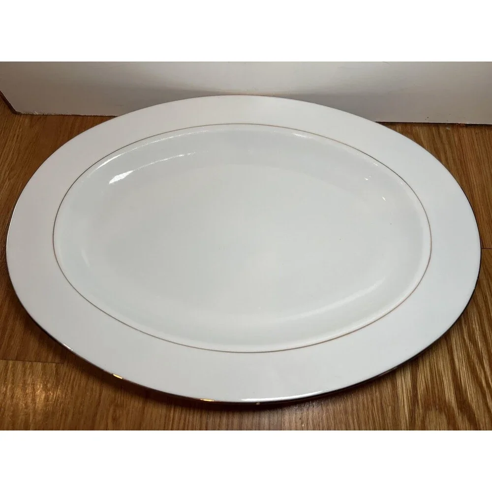 Simply Elegant Porcelain Oval Serving Platter White Gold Trim 16